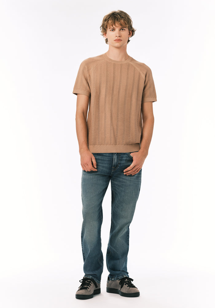 Buffalo Men Sweaters Beige Knit Knit Short Sleeve Soft Knit Fabric Crew Neckline