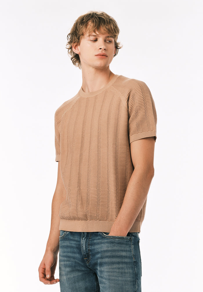 Buffalo Men Sweaters Beige Knit Knit Short Sleeve Soft Knit Fabric Crew Neckline