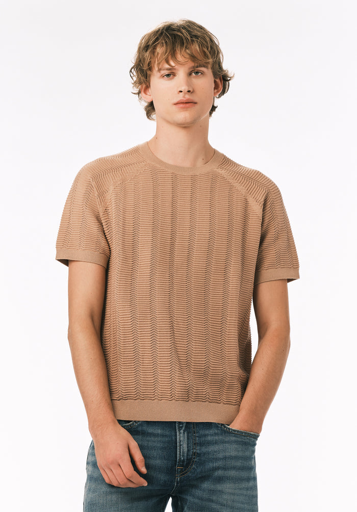Buffalo Men Sweaters Beige Knit Knit Short Sleeve Soft Knit Fabric Crew Neckline