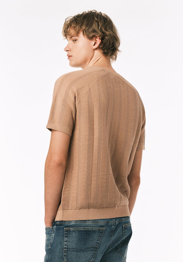 Buffalo Men Sweaters Beige Knit Knit Short Sleeve Soft Knit Fabric Crew Neckline