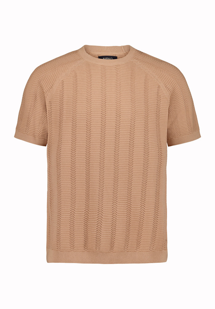 Buffalo Men Sweaters Beige Knit Knit Short Sleeve Soft Knit Fabric Crew Neckline