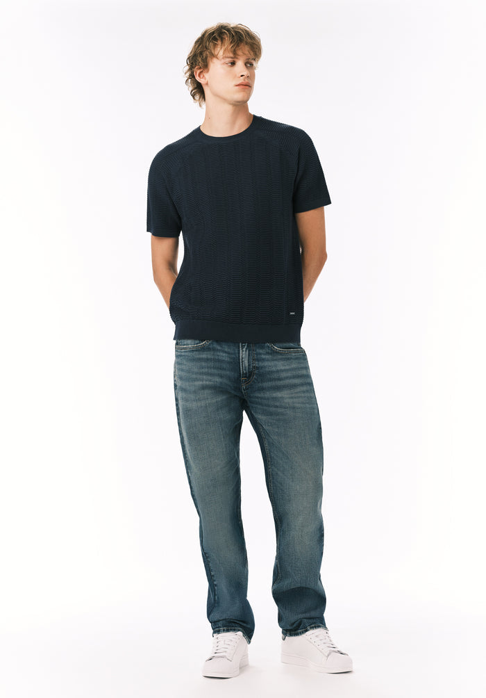 Buffalo Men Sweaters Navy Knit Knit Short Sleeve Soft Knit Fabric Crew Neckline