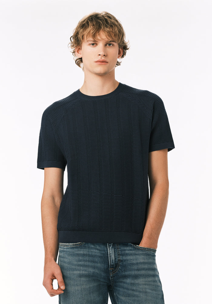 Buffalo Men Sweaters Navy Knit Knit Short Sleeve Soft Knit Fabric Crew Neckline