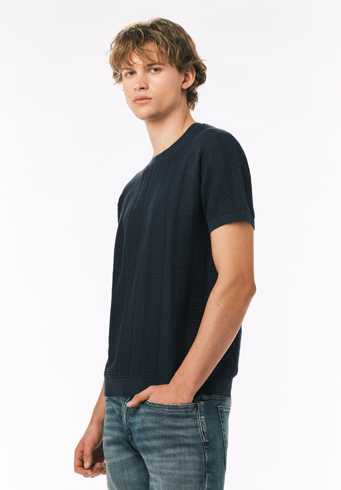 Buffalo Men Sweaters Navy Knit Knit Short Sleeve Soft Knit Fabric Crew Neckline