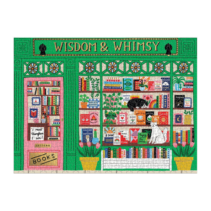The Wisdom & Whimsy Bookshop 1000 Piece Foil Puzzle by Holly Maguire features an illustrated green bookshop with colorful books, plants, a black cat among the books, and a white dog sitting on a bench outside.