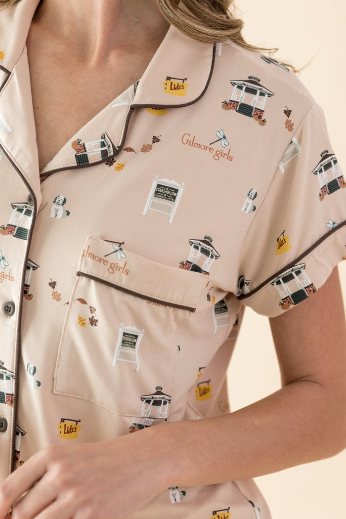 Close up of the chest pocket on the shirt of the Women's Short Sleeve Pajama Set in Gilmore Girls