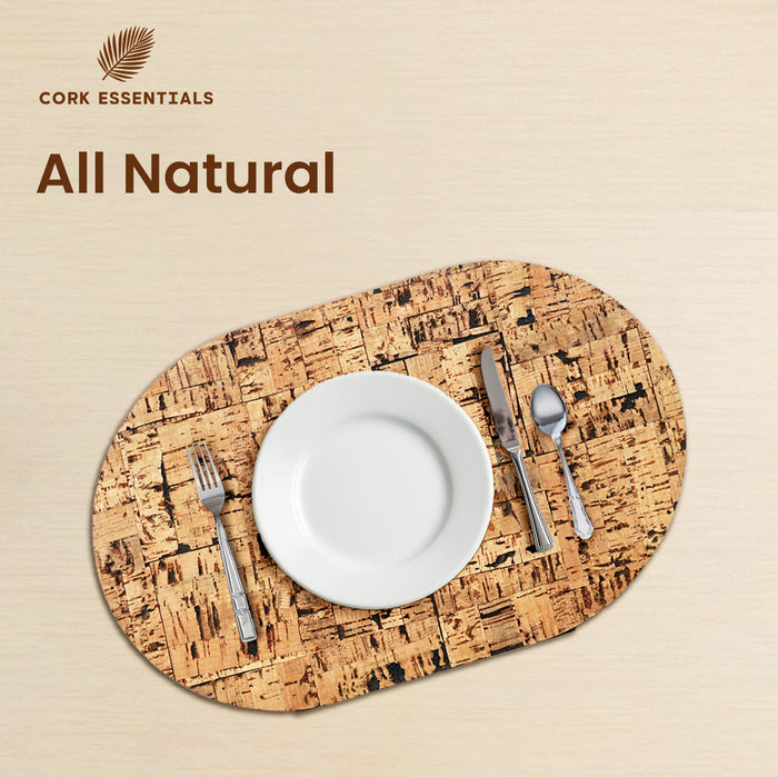 Cork placemat with a plate, fork, knife, and spoon on a beige background, featuring the Cork Essentials brand.