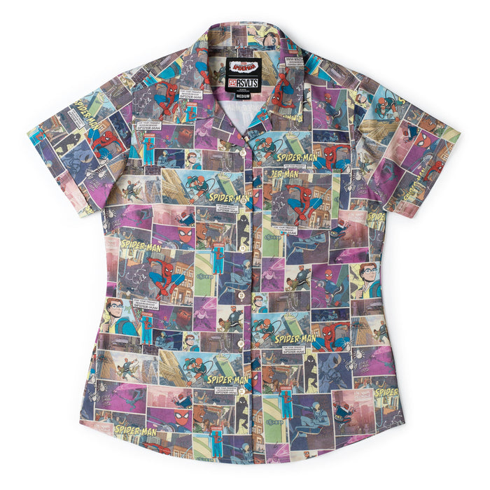 RSVLTS XS Marvel Marvel Friendly Neighborhood Spiderman "Comic Book" _ Women's KUNUFLEX Short Sleeve Shirt Marvel Friendly Neighborhood Spiderman "Comic Book" _ Women's KUNUFLEX Short Sleeve Shirt