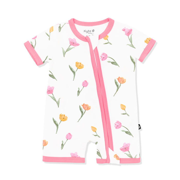 Product photo of the Zipper Shortall Romper in Tulip