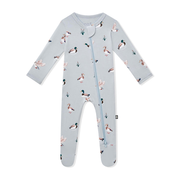 Product photo of the Zippered Footie in Mallard Duck on a white background