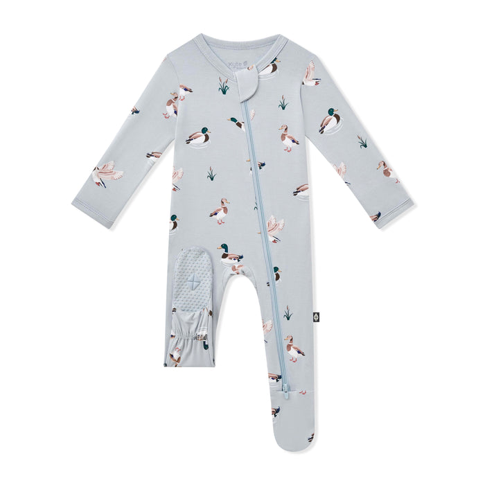 The light blue foot pad shown on the Zippered Footie in Mallard Duck