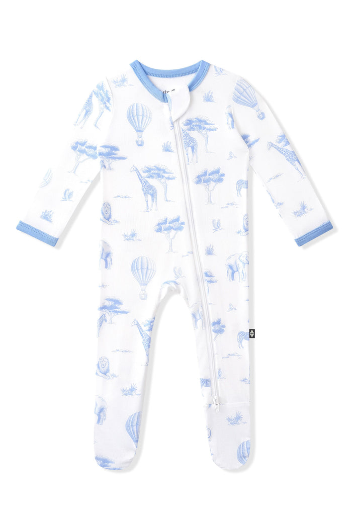 Product photo of the Zippered Footie in Toile Safari on a white surface