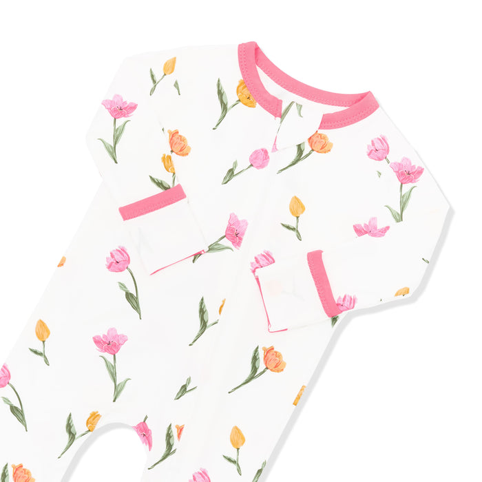Zipper garage and fold over hand cuffs shown on the Zippered Romper in Tulip